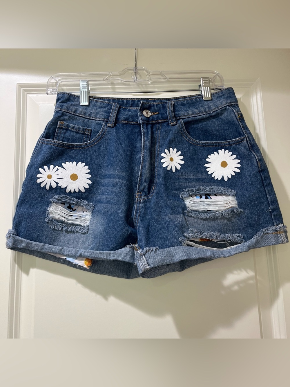 Daisy Embroidered Distressed Denim Shorts - Blue